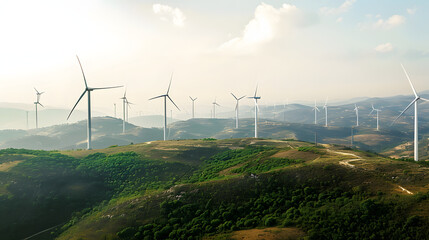 bird's-eye view from a drone of wind turbines located high in the mountains to produce clean, natural electricity , healthcare, and patient care , 