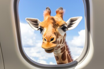 Curious giraffe peeking through airplane window