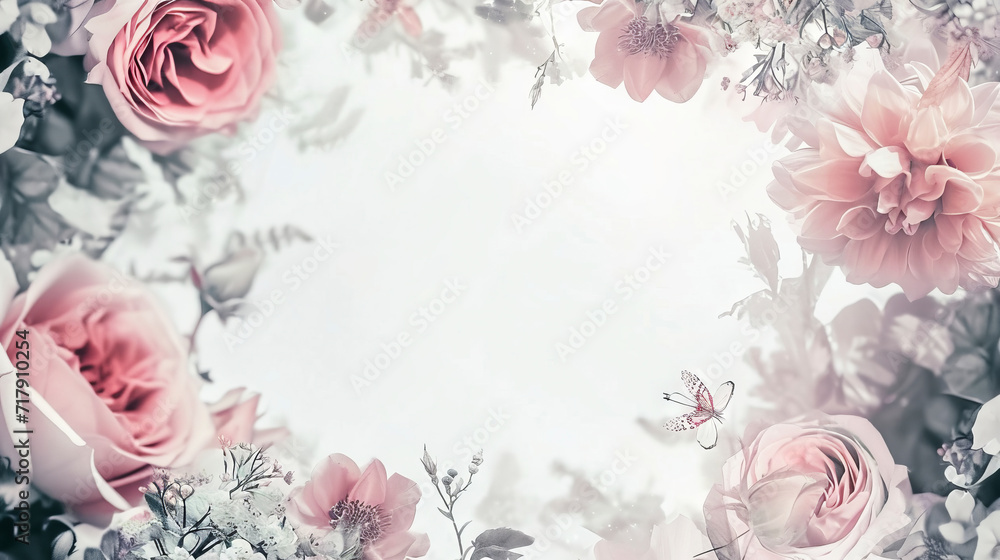 Wall mural double exposure, wedding greeting card floral template with free copy space - Wall murals