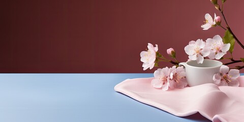 Cherry blossom background with empty tablecloth for design or display.