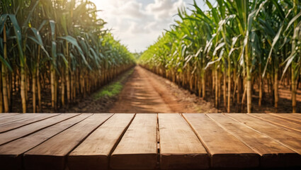 Wooden table as product placement background in front of sugarcane field