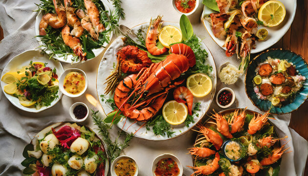Top view of assorted seafood served on a table for dinner, generative ai illustration