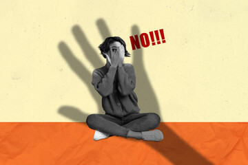 Photo collage artwork minimal picture of scared lady asking stop sexual harassment isolated creative background