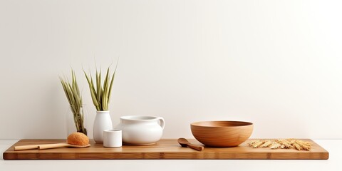 Minimal kitchen counter design with wooden counter, white wall, vase with rice plant, chopping block, and food table for product presentation or branding.