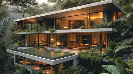 The house overlooks a ravine filled and junglelike foliage. Generative AI.