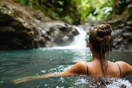 A Girl Enjoys a Soothing Bath in Harmony with Nature's Cascading Beauty