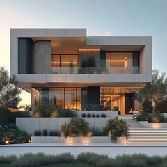 The design of a two story villa with a modern architecture. Generative AI.