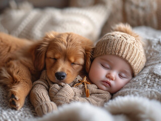 Fototapeta premium a newborn baby nestled in warm blankets, small dog next to it, ai generated