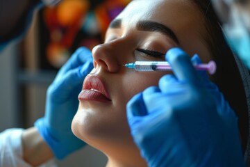 To become more beautiful, a woman is getting plastic surgery injections on her face