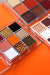 Colorful eyeshadow palettes and make up brush on orange background. Selective focus.