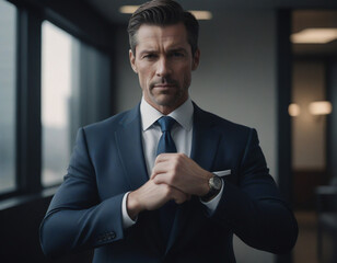 dynamic realistic photo of a handsome elegant Businessman shoving forearms muscle and veins appearing no tattto Fujifilm style - obrazy, fototapety, plakaty