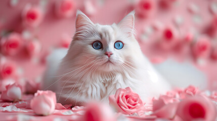 Cute white cat laying down surrounded by rose flowers. Adorable Valentine's Day theme concept