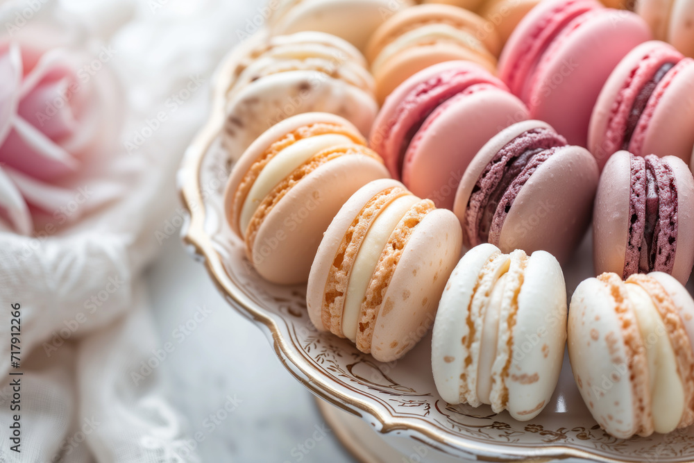 Poster parisian chic macaron display. background image. created with generative ai technology