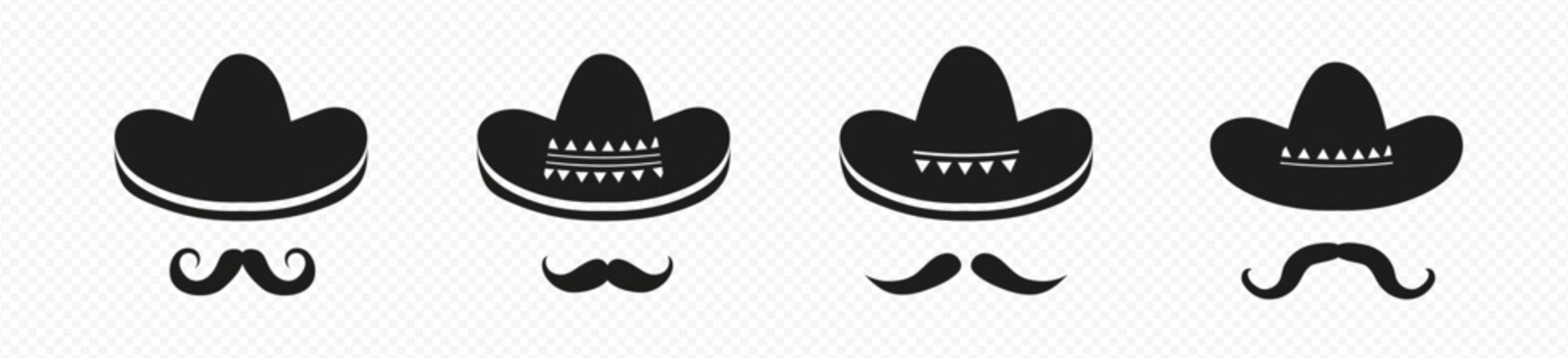 Black mexican sombrero hats with mustache set. Spanish traditional hat with long brim for latin american parties and mariachi and fun vector fiestas