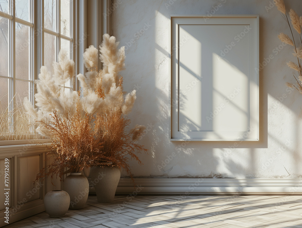 Poster 3d empty mockup frame set within a contemporary interior. natural sunlight streams through a large w