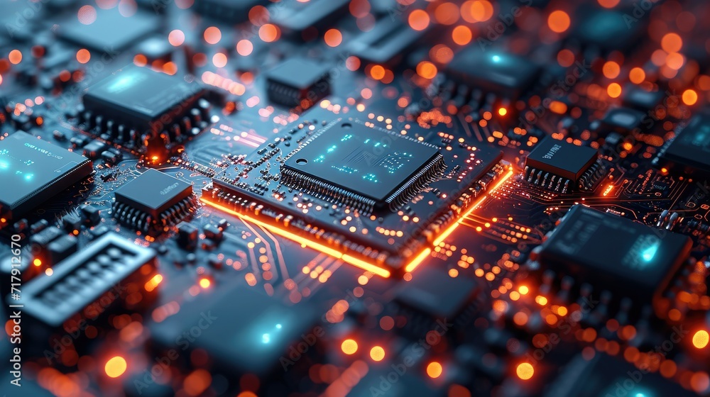 Poster background of high-quality keynotes with semiconductors at the center. generative ai.