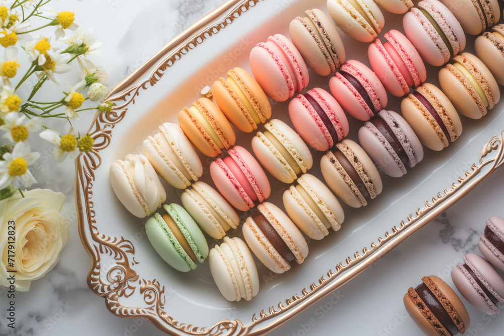 Poster parisian chic macaron display. background image. created with generative ai technology