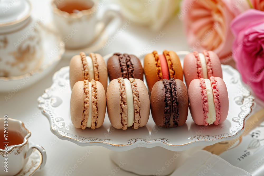 Poster parisian chic macaron display. background image. created with generative ai technology