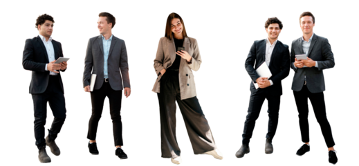 Office employees are entrepreneurs in business clothes, men and women are business people. Isolated transparent background.