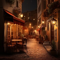 Fototapeta na wymiar Street exterior narrow street lanterns evening restaurant romantic light summer without people