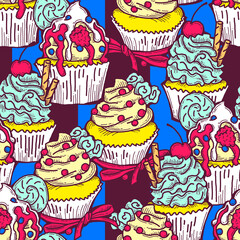 Tasty sweet cupcake dessert decorative seamless pattern for textile design, fabric print, digital or wrapping paper, wallpaper, background and backdrop, bakery shop decoration, cafe, restaurant menu.