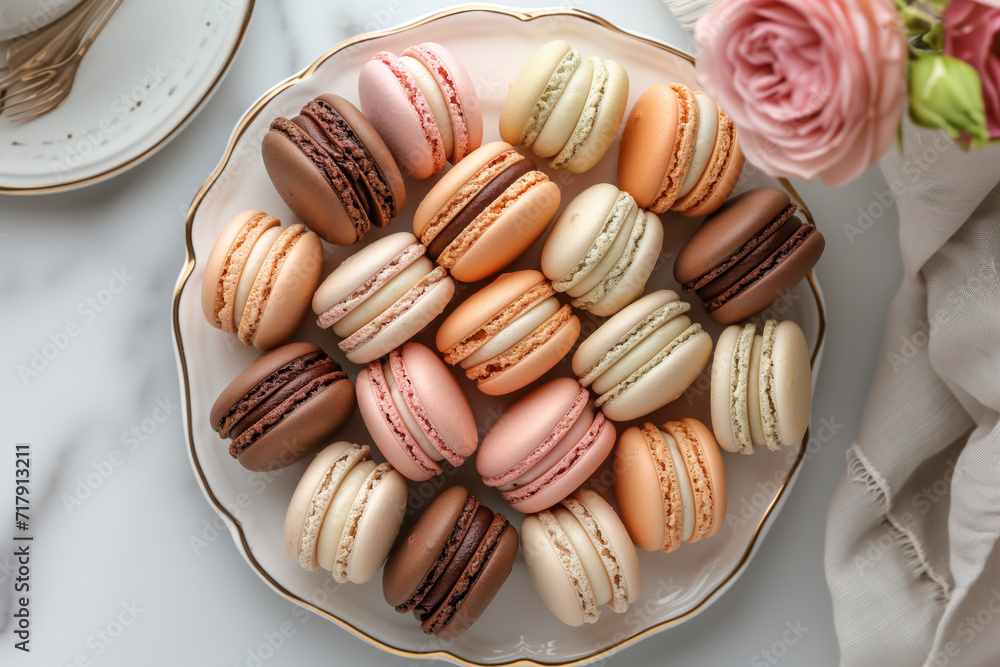 Poster parisian chic macaron display. background image. created with generative ai technology