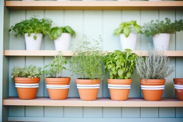 row of potted herbs for sale on a shelf