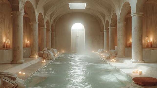 A well lit Roman bathhouse room, empty small intimate. Generative AI.