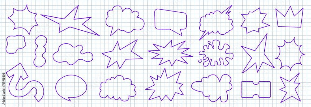 Poster a set of trendy speech bubbles, irregular stars, arrows. simple hand drawn funny shapes with scribbl