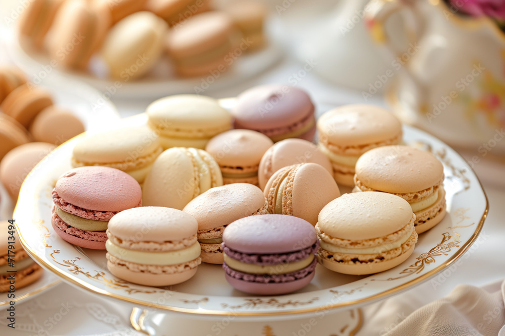 Poster parisian chic macaron display. background image. created with generative ai technology