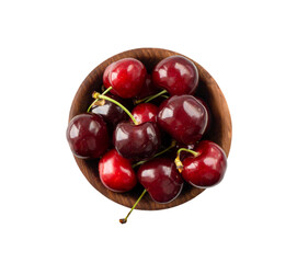 Cherryberries isolated on white. Cherryberries in woodwn bowl. Sweet cherries isolated on white background cutout.