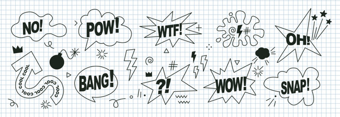 Fototapeta na wymiar Speech bubbles, arrows, effects set hand-drawn with a pen in a check notebook. Doodle anime icons. Comic text sound effects. Banner, poster, sticker concept. Funny style text Boom, Pow, Cool, Wtf, Wow