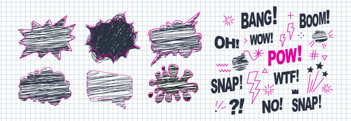 Speech bubbles, effects set hand-drawn with a pen in a check notebook. Doodle anime icons. Comic text sound effects. Banner, poster, sticker concept. Anime manga funny style text Boom, Pow, Bang, Snap - Powered by Adobe