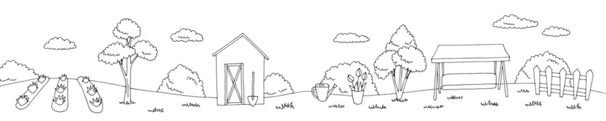 Garden graphic black white long landscape sketch illustration vector 