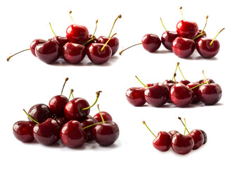 Cherryberries isolated on white. Set of cherry fruits. Cherryberries in different angles. Sweet cherries isolated on white background cutout.