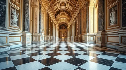Crédence de cuisine en verre imprimé Vieil immeuble Inside the long hallway of an ancient building with a black and white checkered floor. Generative AI.