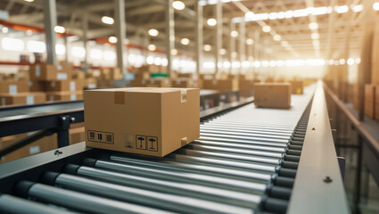 Packages on a conveyor belt in the distribution center of an online retailer. Space available for labeling