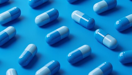 3d rendering blue pill pills abstract on a blue background, in the style of monochromatic.