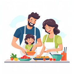 Family cooking together, showing connection through activities isolated on white background, flat design, png
