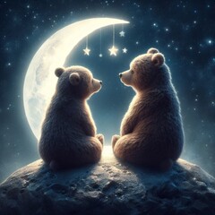 Two bears sit on a planet in space and look at the hanging luminous moon.