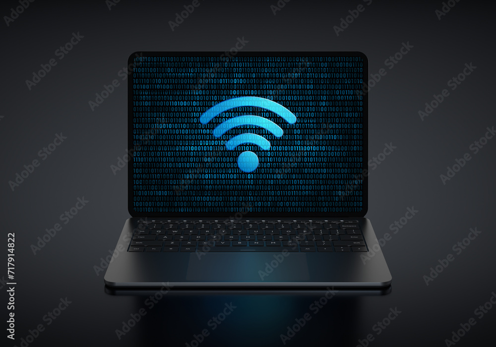 Poster laptop device with wi-fi internet icon in screen on a dark background. realistic rendering.