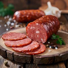 Sliced half-smoked sausages on wooden table. Traditional Chezh meat products.
