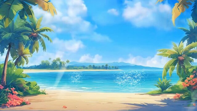 Summer beach scene with palm trees and sea. Cartoon or anime illustration style. seamless looping 4K time-lapse virtual video animation background.