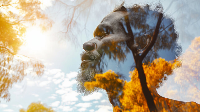 Double exposure portrait of Australian Aboriginal man blended with the Australian bush