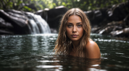 Beautiful girl bathing in the lake. AI