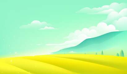 Obraz premium Vector spring illustration sunny countryside and golden fields