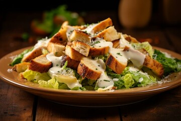 Delicious chicken Caesar salad with grilled chicken, creamy dressing, and crunchy croutons. Generative AI - obrazy, fototapety, plakaty