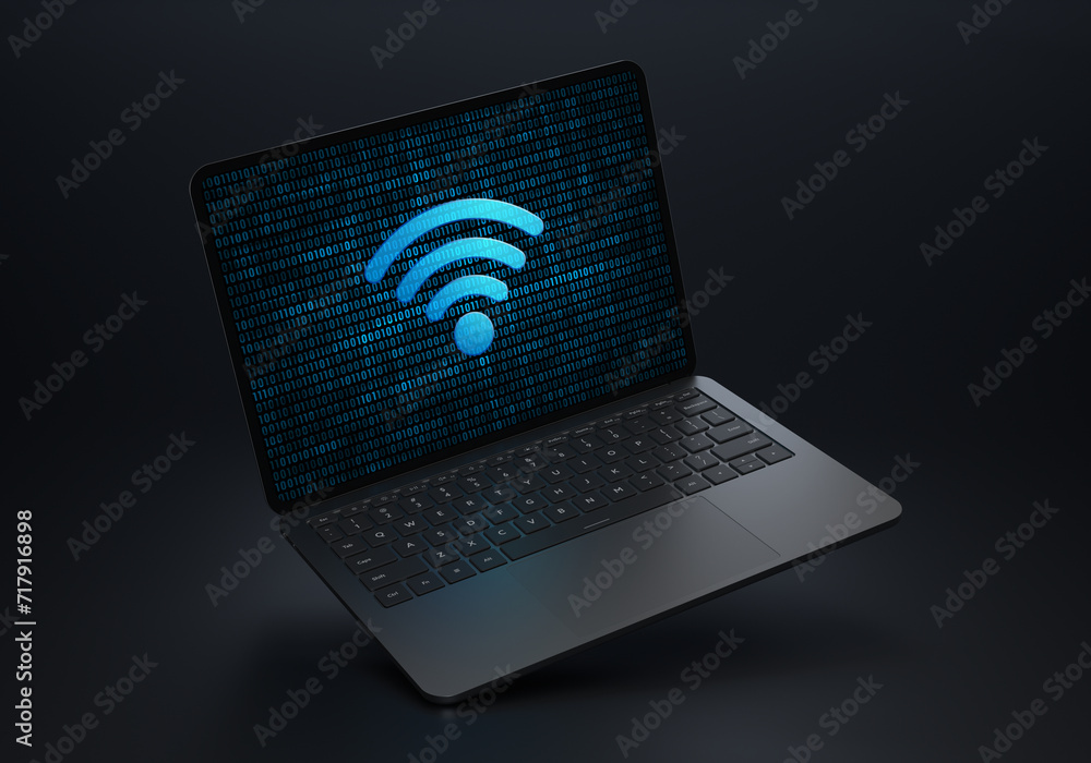Poster laptop device on a dark background with a stylish angled placement showing a wi-fi internet icon on 