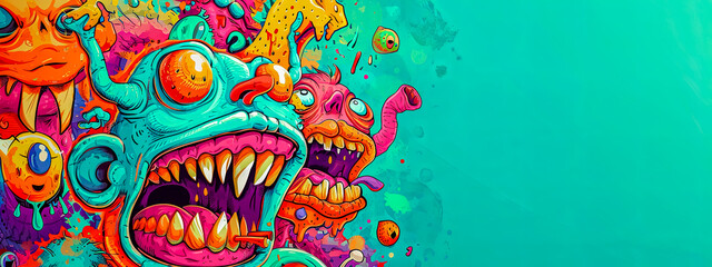 Vibrant and chaotic graffiti-style artwork with cartoonish monsters in vivid colors splattered against a turquoise background. - obrazy, fototapety, plakaty