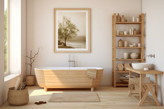 Simple bathroom with light colors, a bathtub, and a wooden washbasin. Generative AI